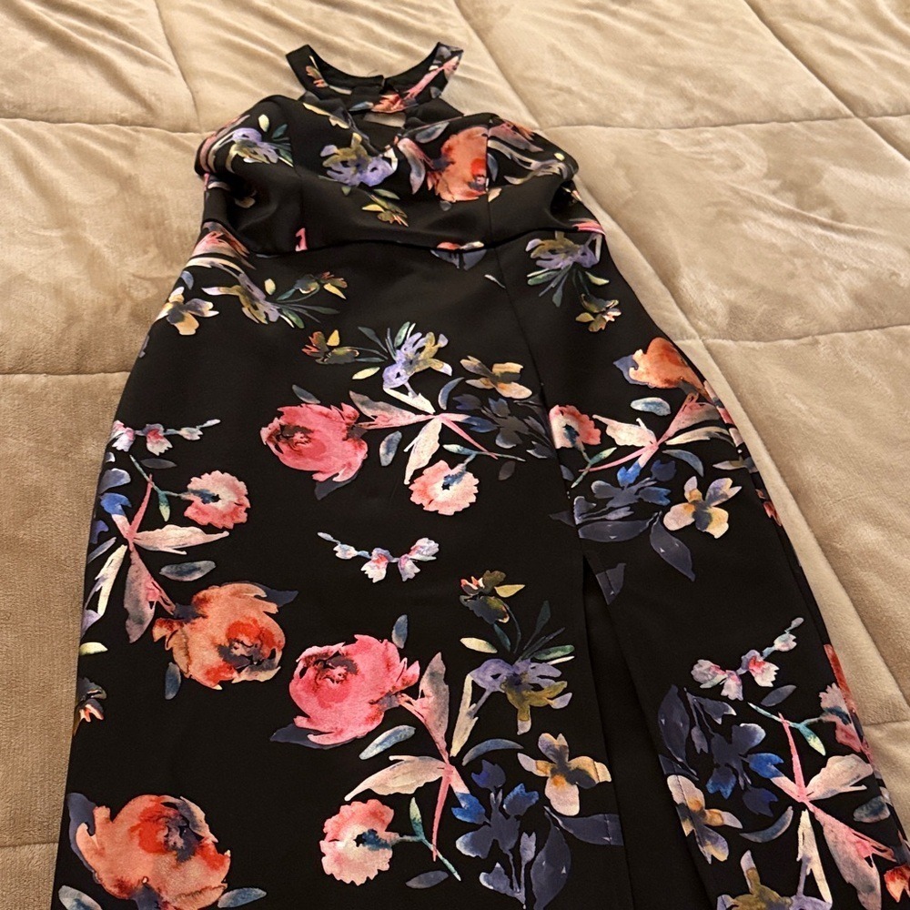 BCX Black Floral Maxi Dress Pink Blue Blooms Halter Slit Size 7